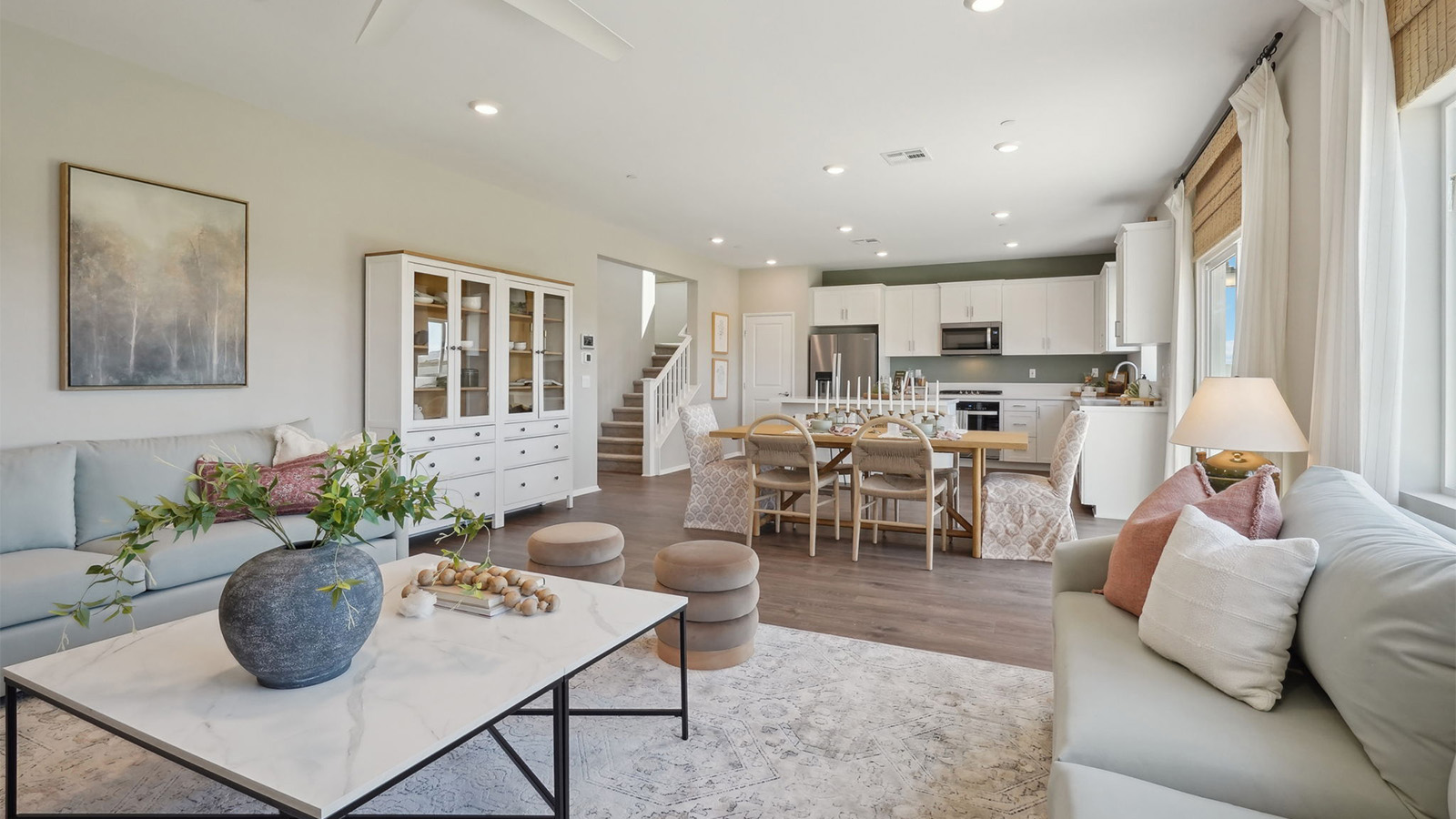 Spacious open-concept great room, dining room and kitchen