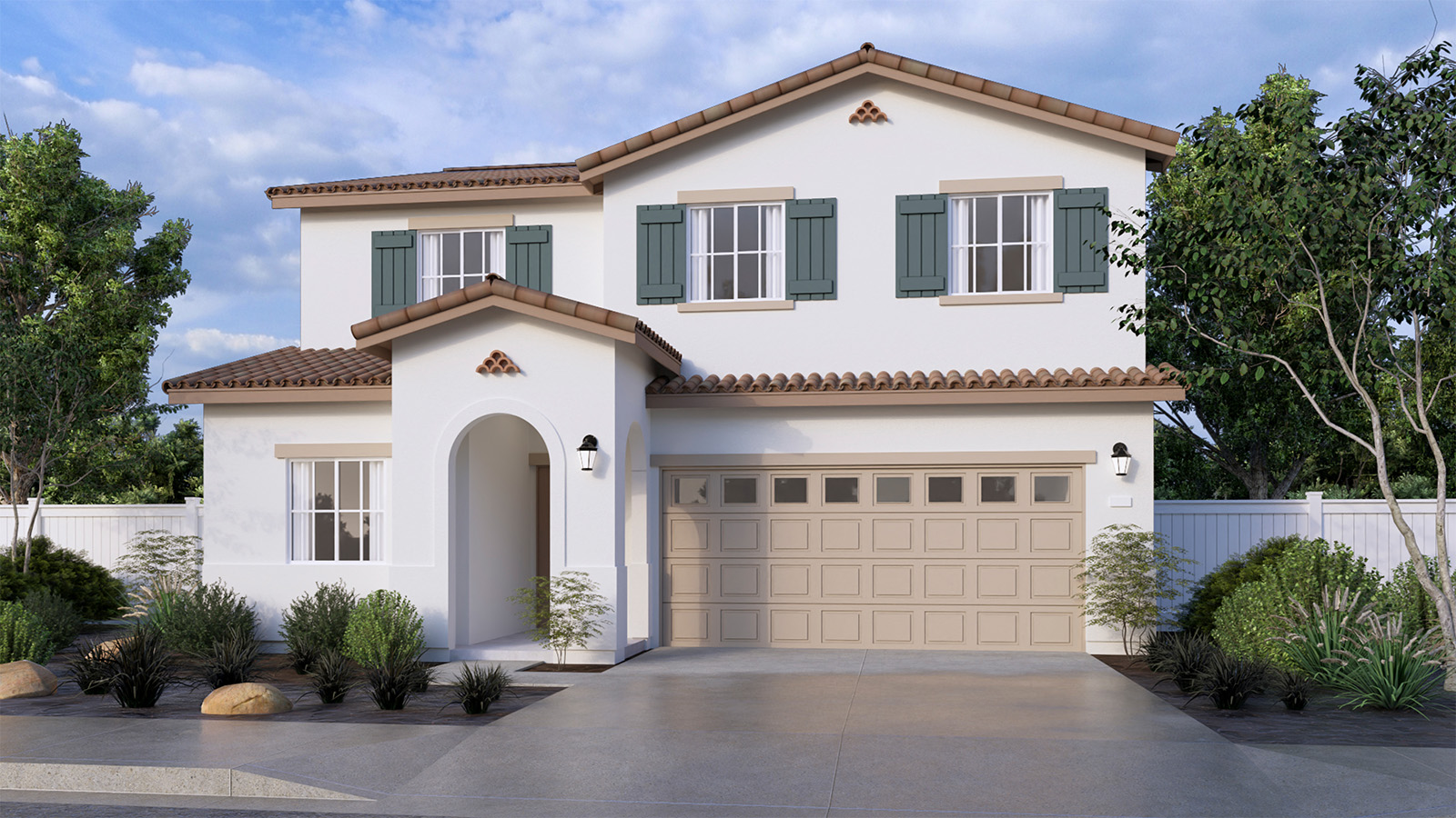 Two-story Spanish home with two-car garage and shutters