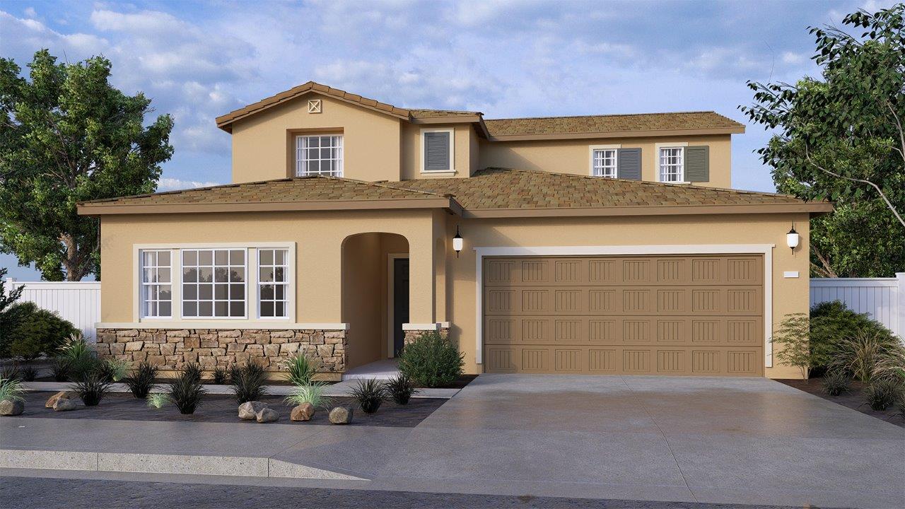 Two-story Tuscan home with stone veneer and two-car garage and shutters