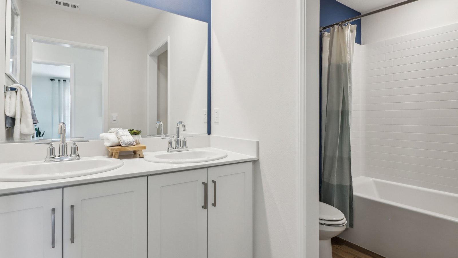 Secondary bathroom with vanity and tub shower combination