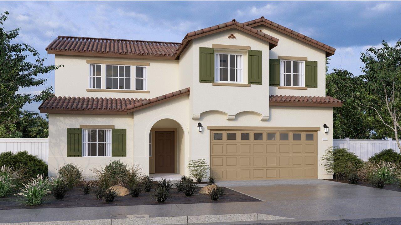 Two-story Spanish home with two-car garage and shutters