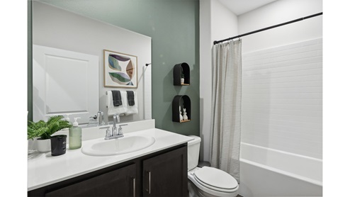 Secondary bathroom with vanity and tub shower combination