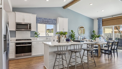 Spacious open-concept great room, dining room and kitchen with vaulted ceiling