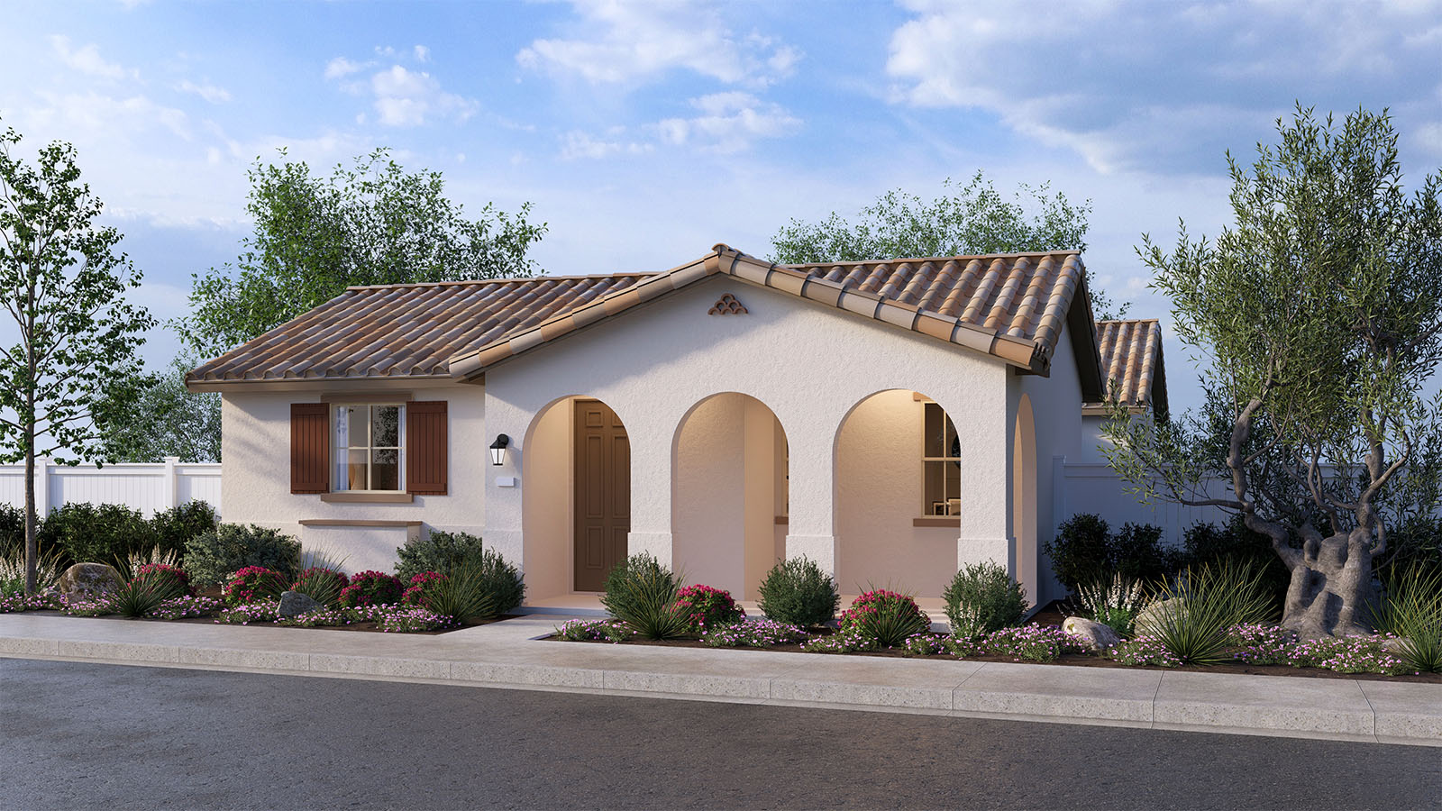 One-story Spanish home with shutters and two-car garage
