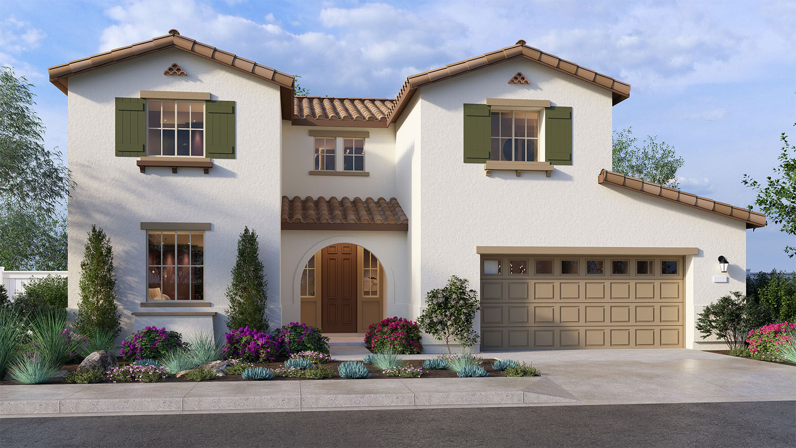 Two-story Spanish home with Two-car garage with windows