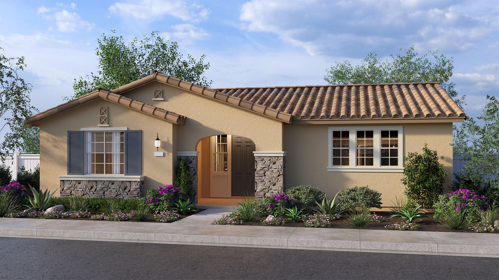 One-story Tuscan home with stone veneer and shutters