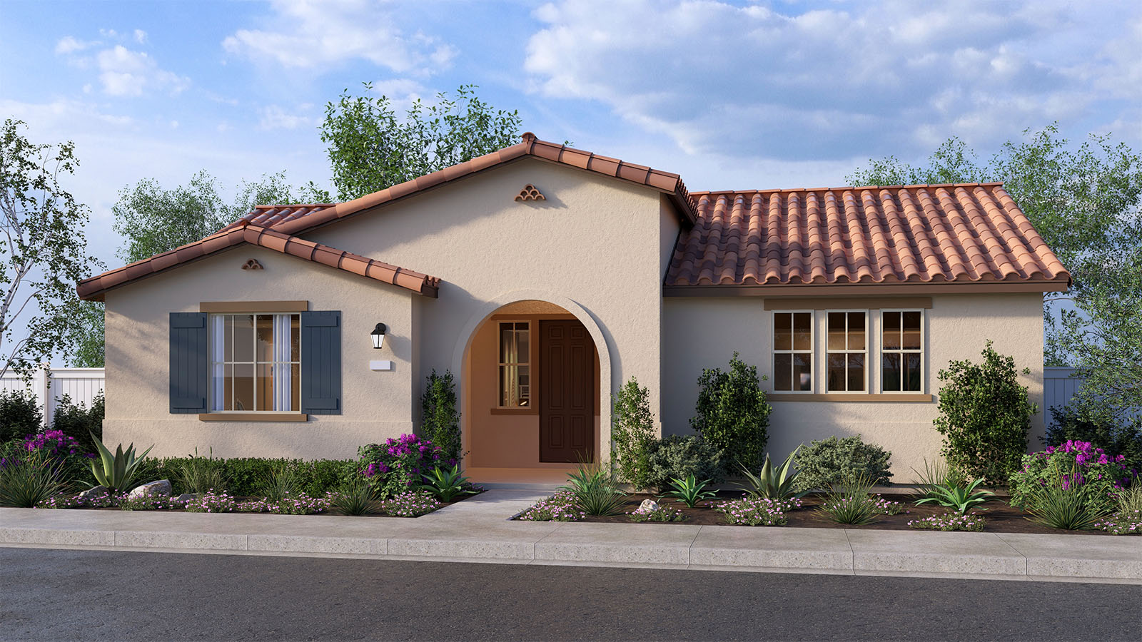 Single story spanish home with shutters