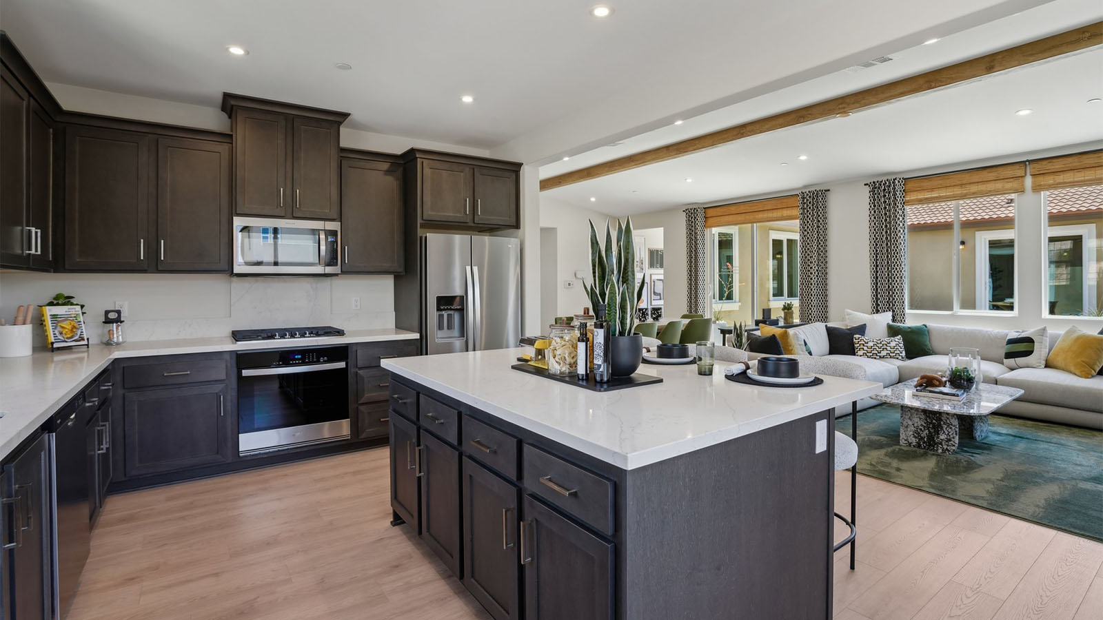 Modern kitchen with dark cabinets quartz countertops and stainless steel appliances overlooking great room with vaulted ceiling