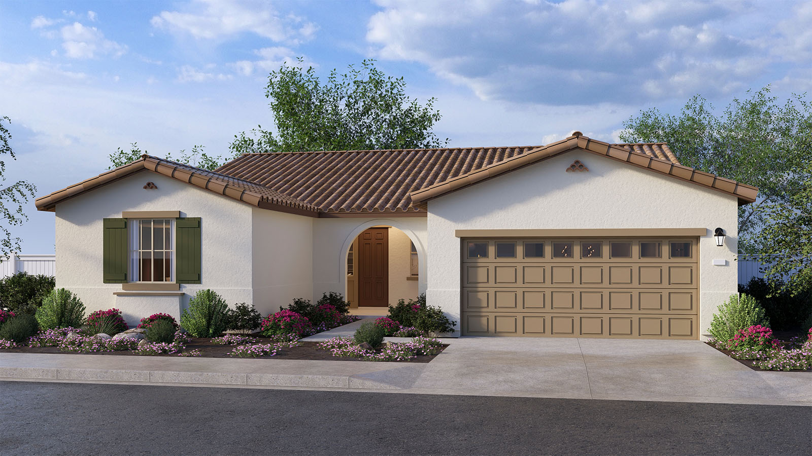 One-story Spanish home with shutters and two car garage with windows