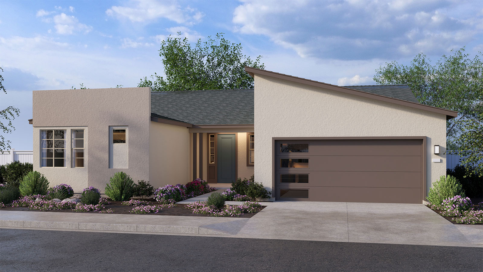 One-story Modern home with two-car garage with windows