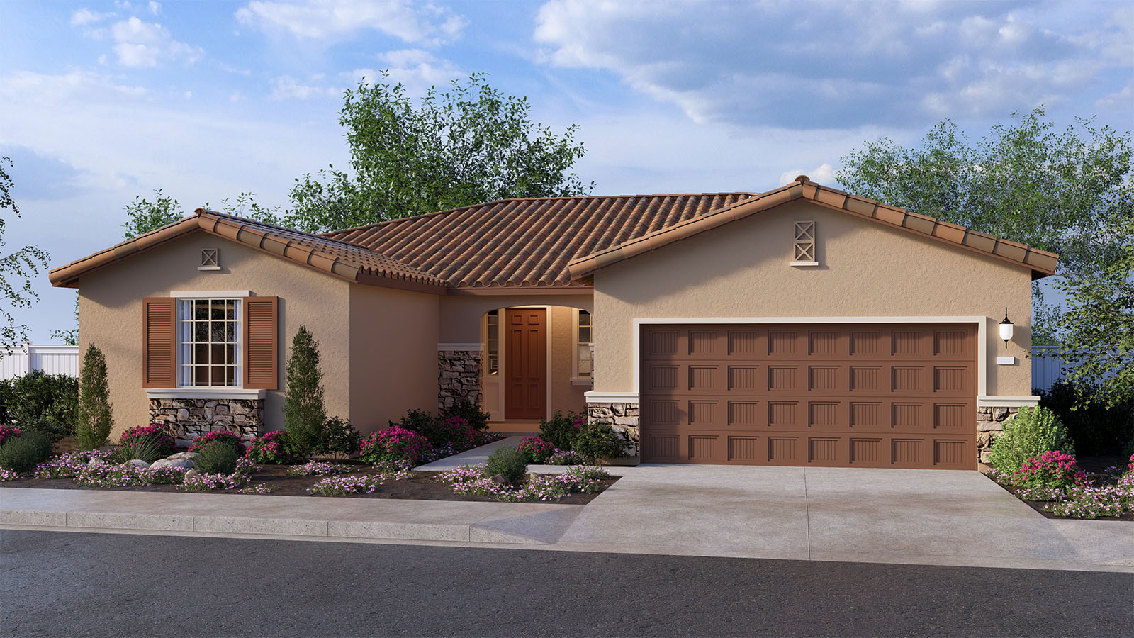 One-story Tuscan home with stone veneer and two-car garage