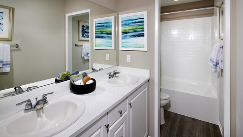 Bathroom with shower and double sinks