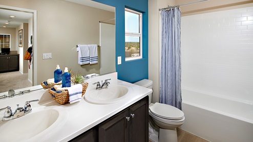 Bathroom with vanity and tub shower combination