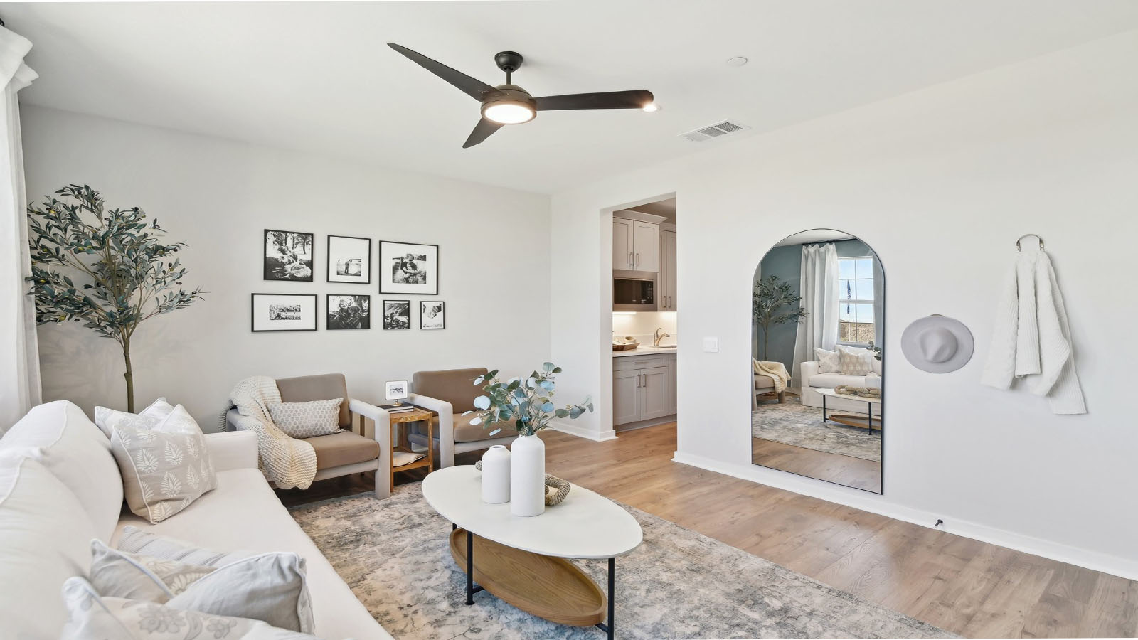 Multi-gen living room with laminate flooring