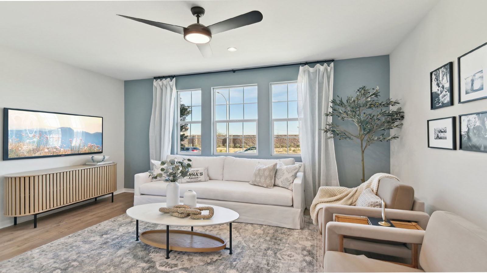 Multi-gen living room with laminate flooring