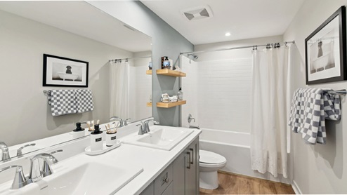 Secondary bathroom with vanity and tub shower combination