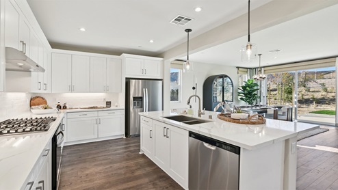 Modern kitchen with white cabinets quartz countertops and stainless steel appliances overlooking dining room