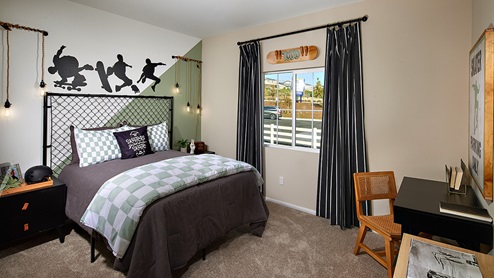 Skateboarding themed kids bedroom with a full sized bed