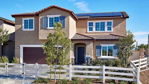 Two-story model home with solar, and two-car garage
