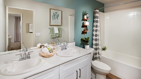 Bathroom with his and hers sink, shower and tub