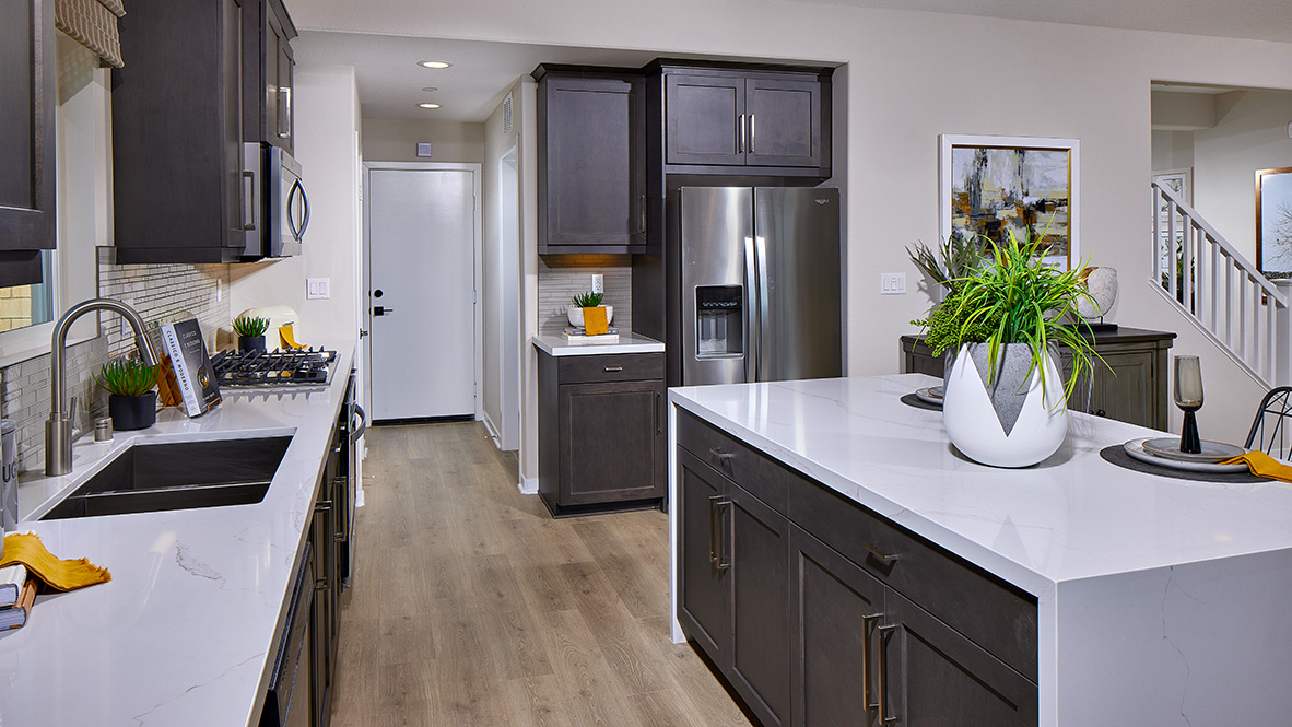 Open concept kitchen with dark cabinets quartz countertops and stainless steel appliances