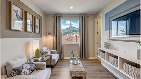 Den area with walk-in storage