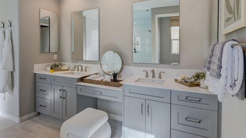 Primary bathroom with walk-in shower, vanity, and double sinks