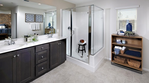 Spacious primary bathroom with walk-in shower and double sinks