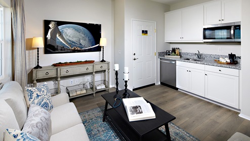 Multi-gen living area with kitchen and white cabinets
