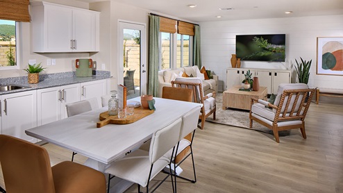 Modern open-concept great room, and dining area