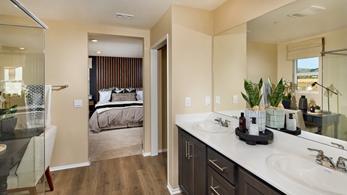Primary bathroom with walk-in shower and his and hers sinks