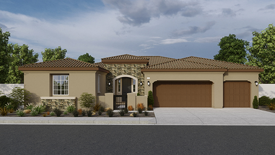 One-story Tuscan home with stone veneer and three-car garage