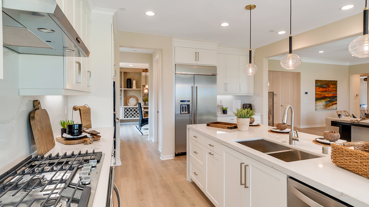 Kitchen with white cabinets quartz countertops and stainless steel appliances