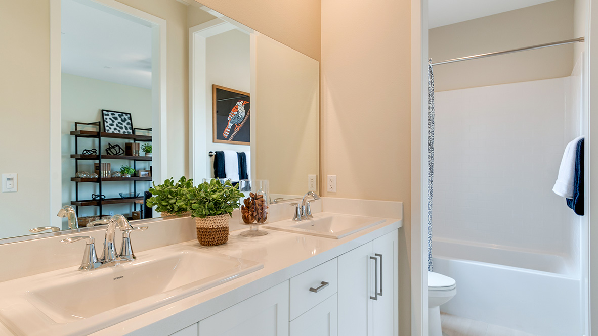 Secondary bathroom with vanity and tub shower combination