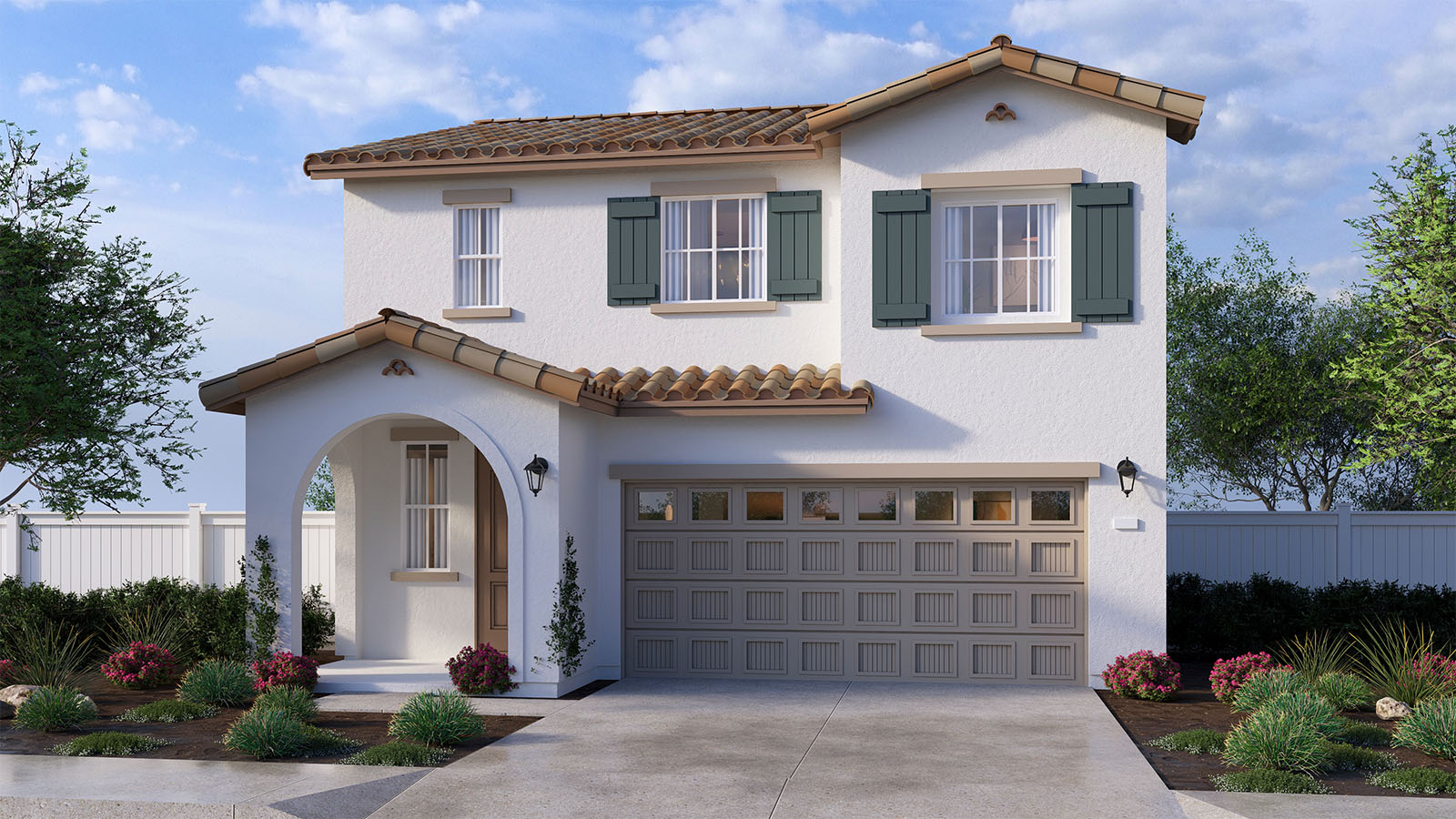 Two-story Spanish home and two-car garage