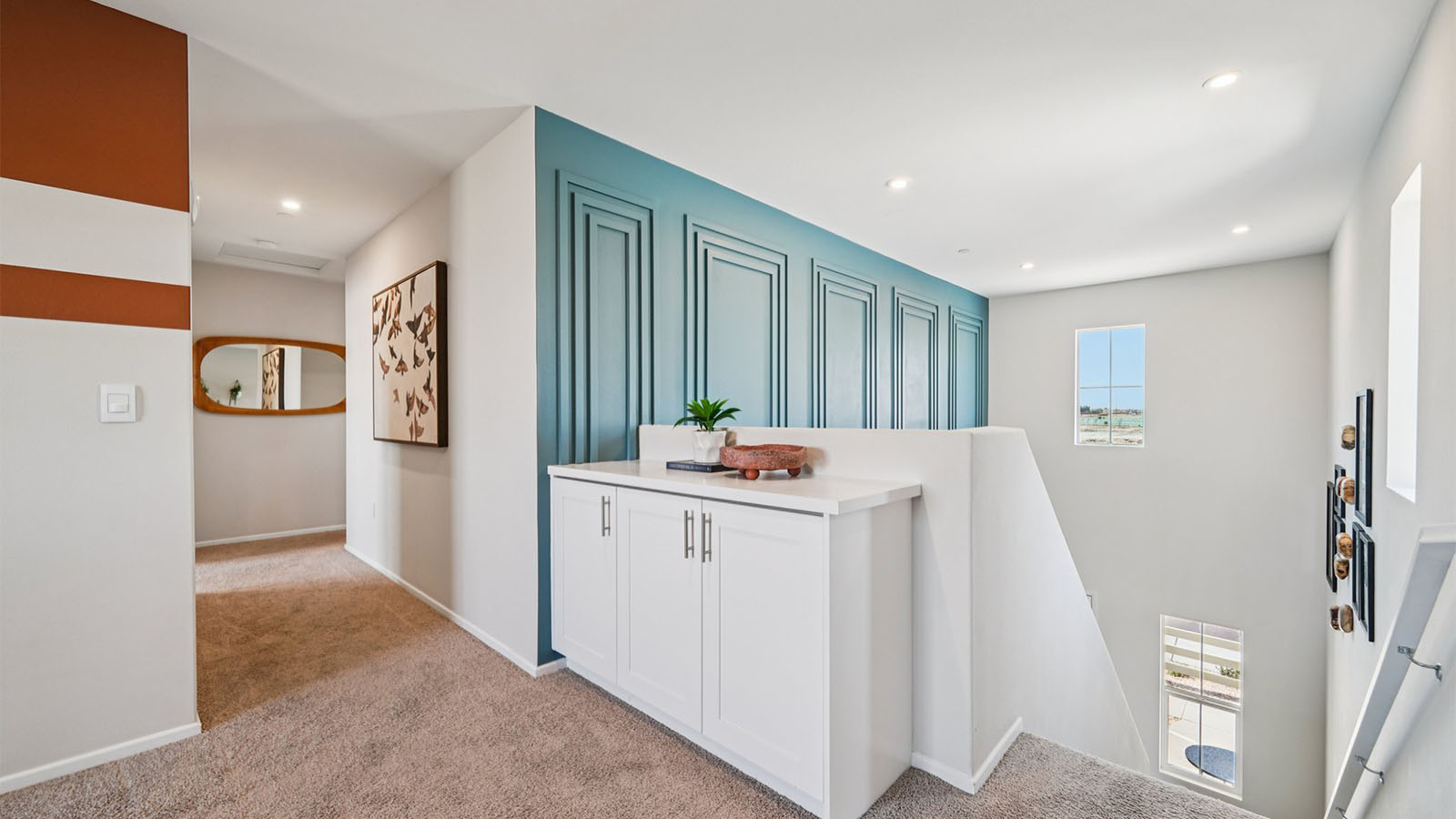 Spacious hallway with plus carpet and built-in cabinet