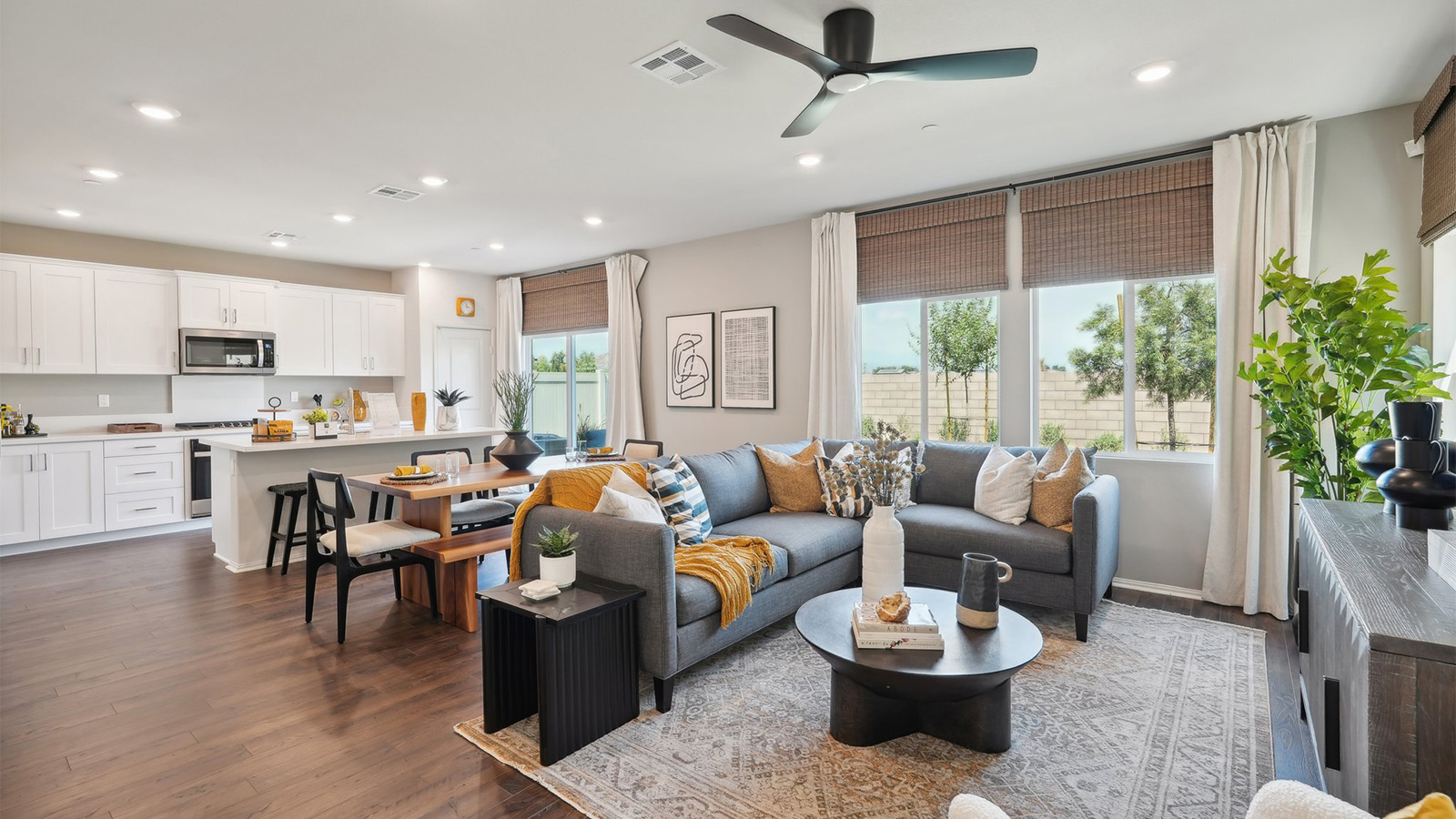 Open-concept great room and dining room