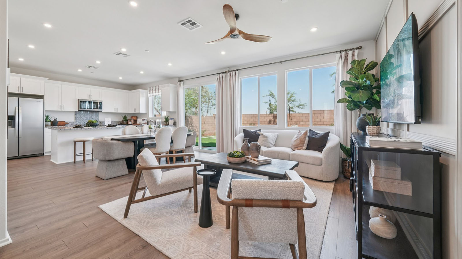 Spacious open-concept great room, dining room and kitchen