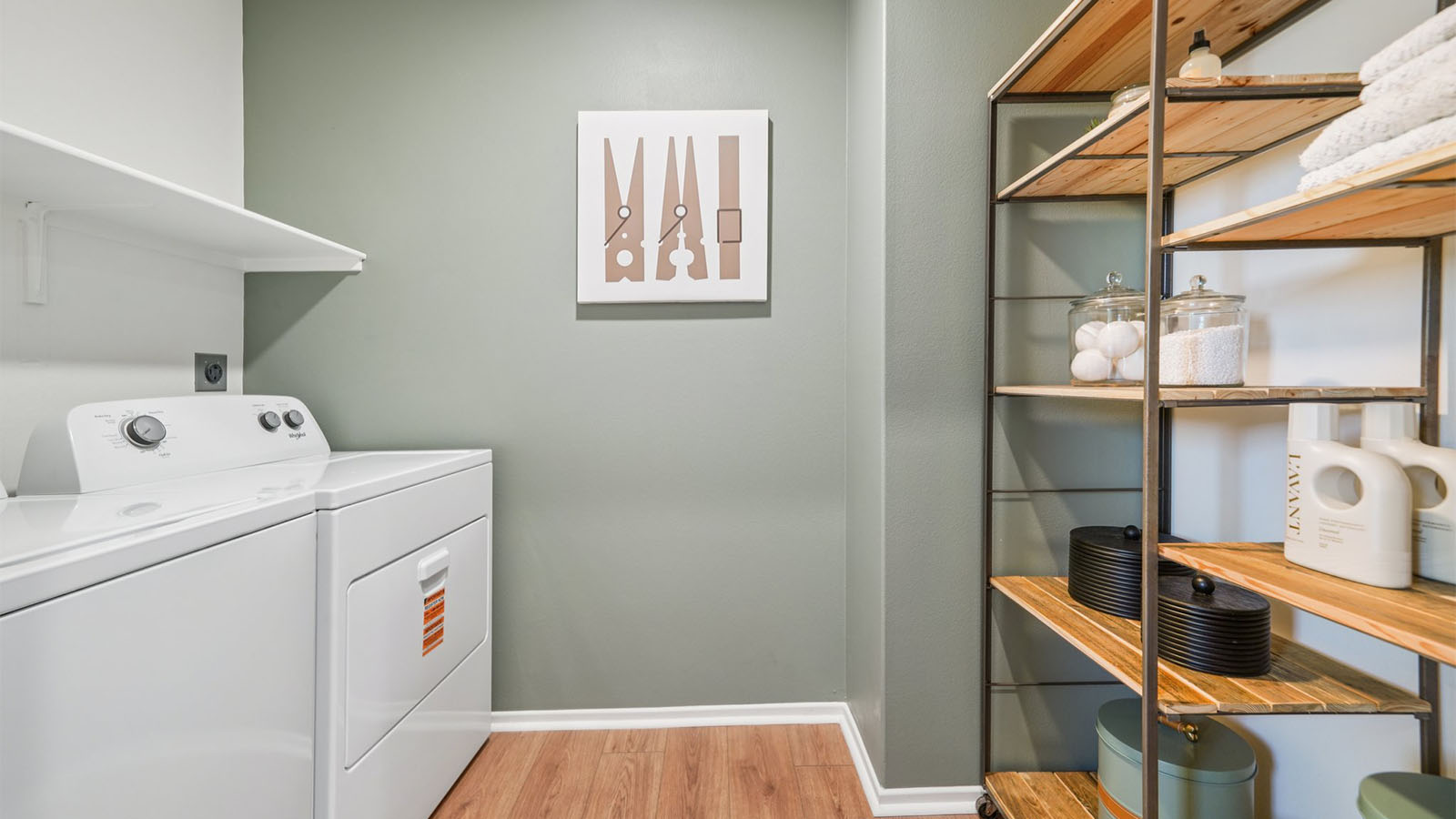 Washer and dryer with upper shelving