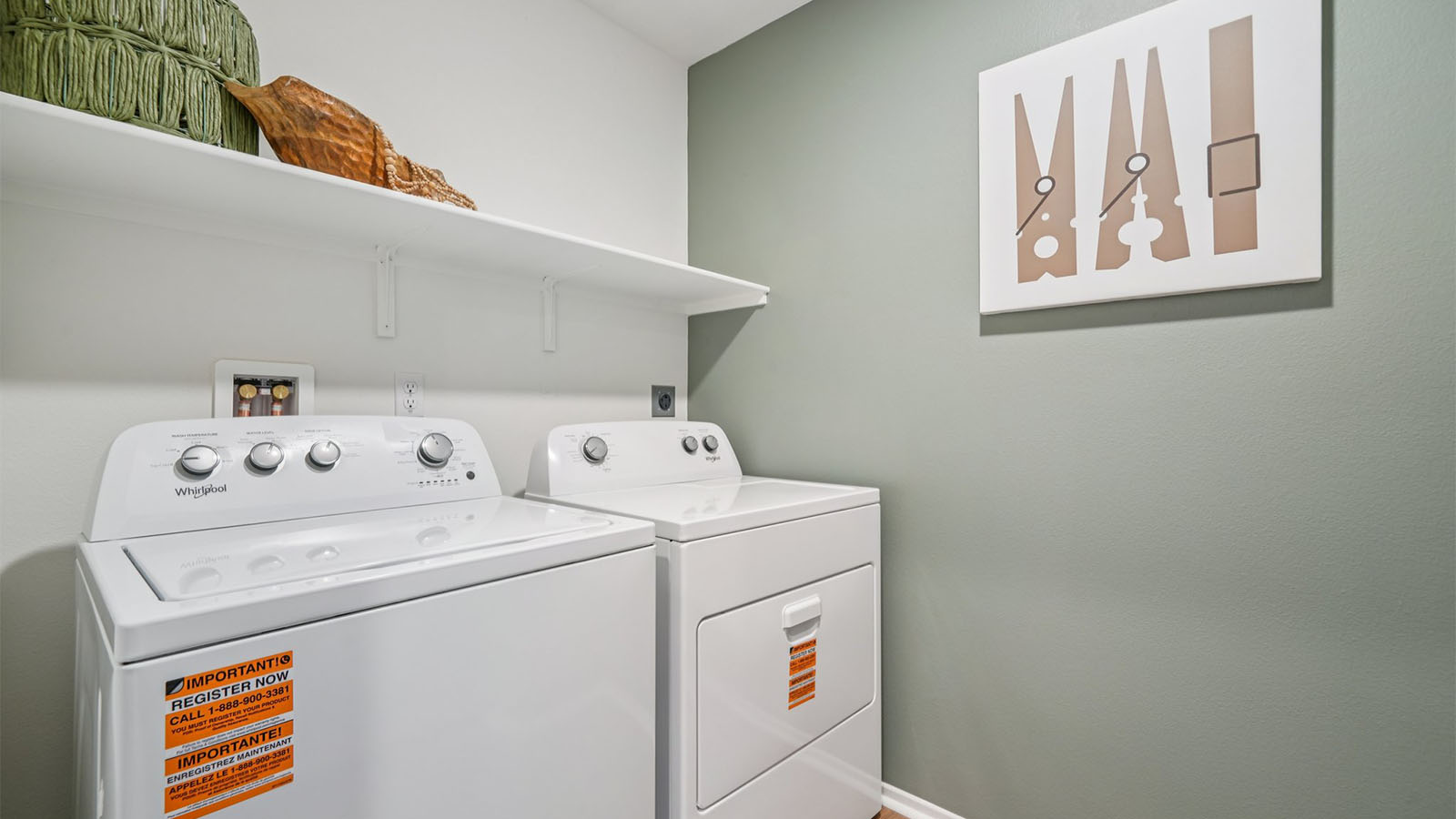 Washer and dryer with upper shelving