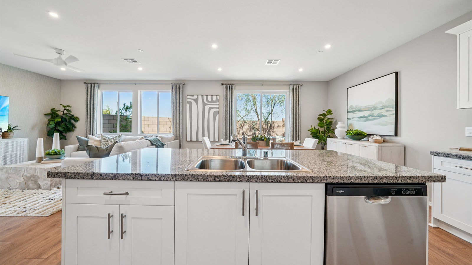 Spacious open-concept great room, dining room and kitchen