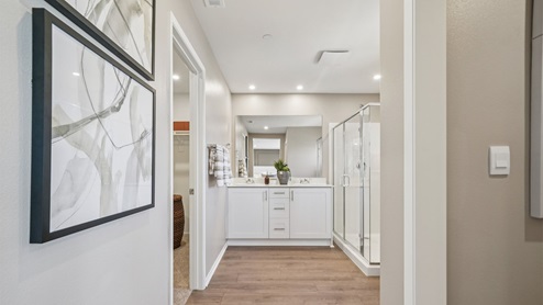 Primary bathroom with dual sink and shower