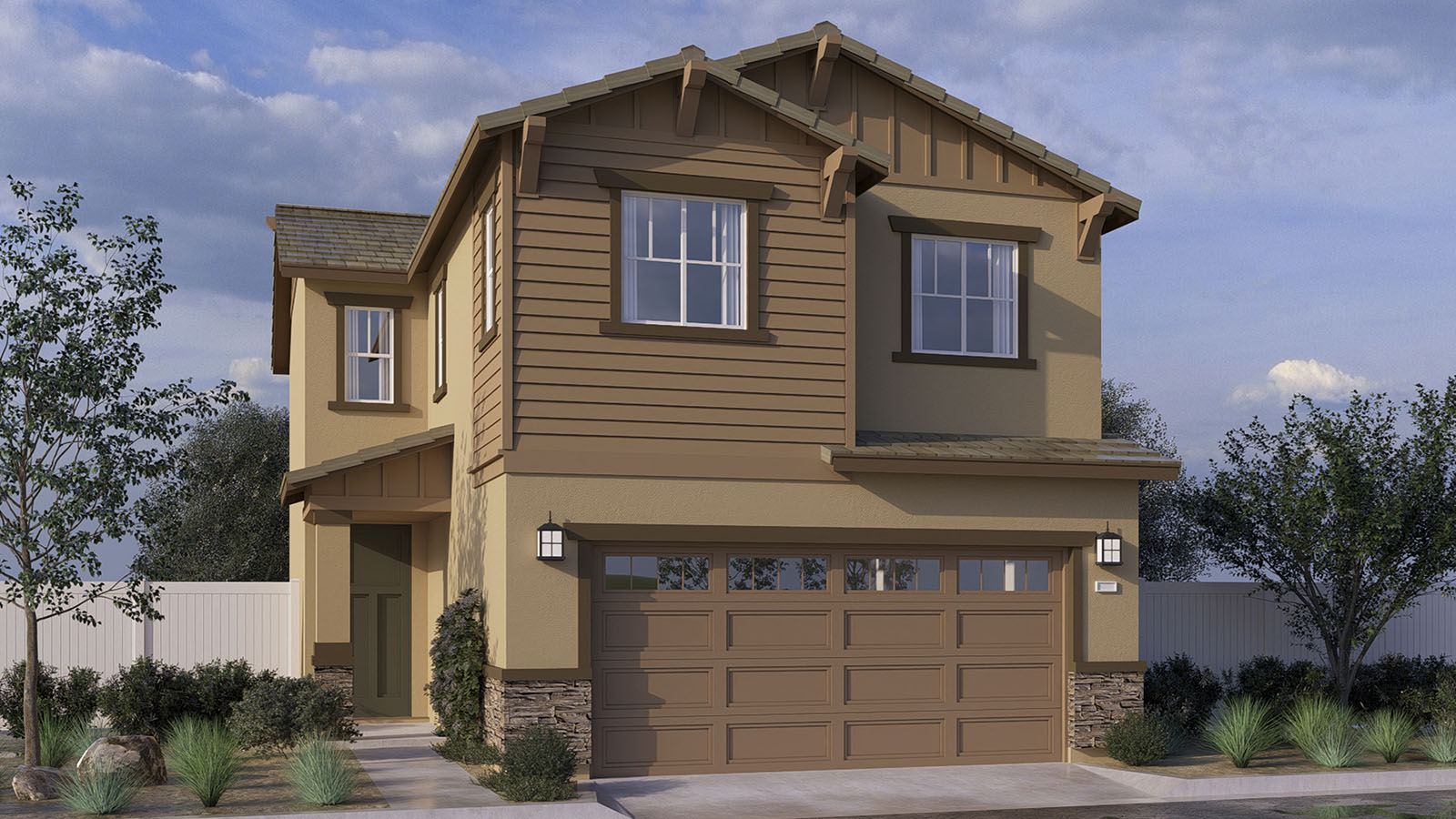 Two-story Craftsman home with stone veneer and two-car garage