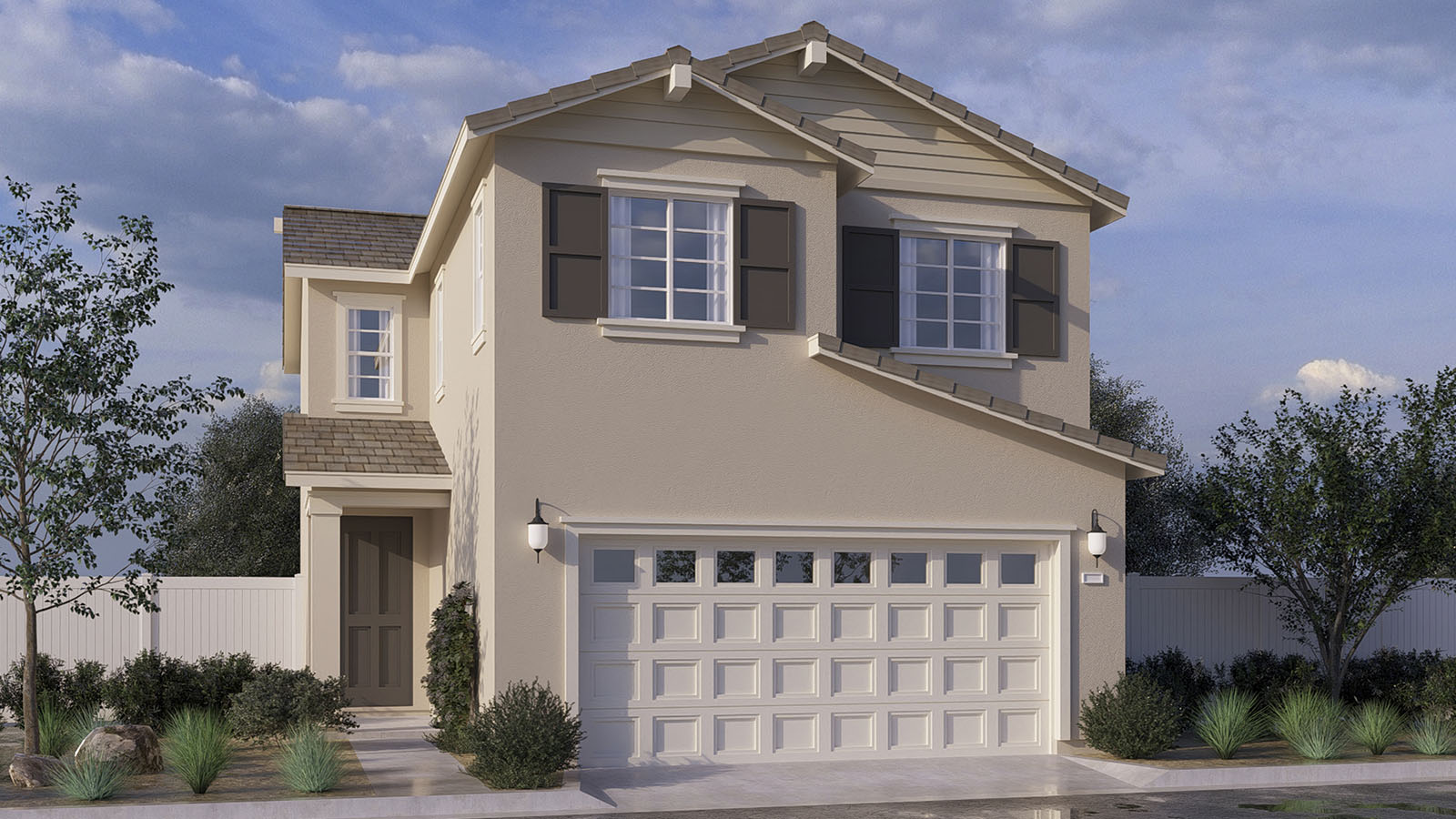 Two-story Traditional home with shutters and two-car garage