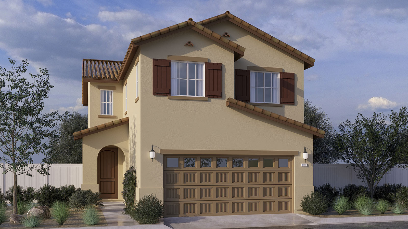 Two-story Spanish home with shutters and two-car garage
