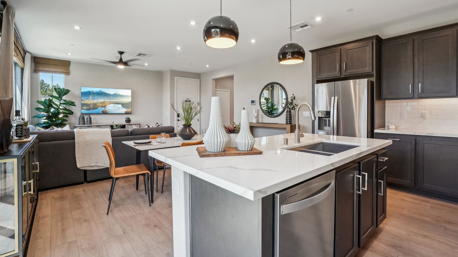 Spacious open-concept great room, dining room and kitchen