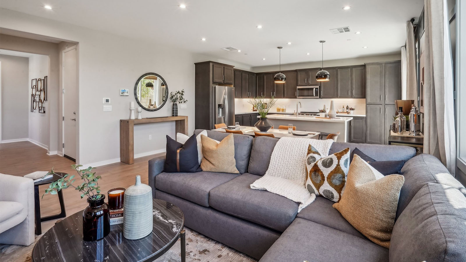 Spacious open-concept great room, dining room and kitchen