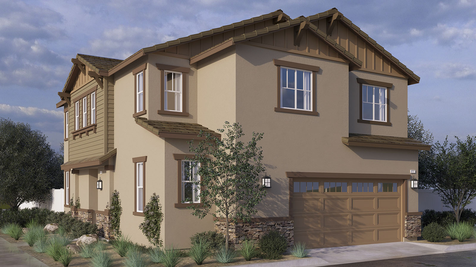 Two-story Craftsman home with stone veneer and two car garage