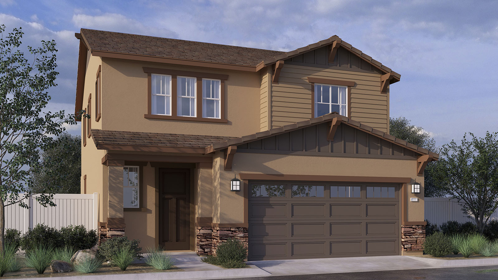 Two-story Tuscan home with stone veneer and two car garage