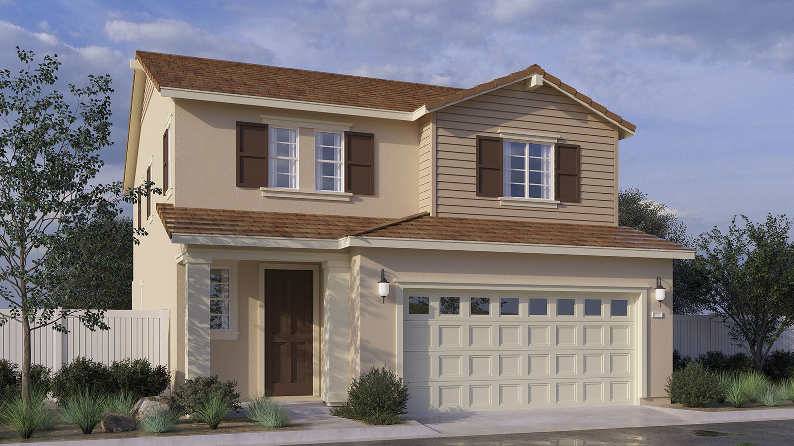 Two-story Traditional home with shutters and two car garage